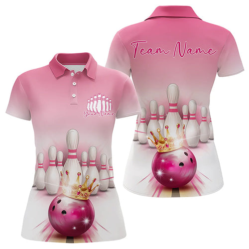 Custom Pink Bowling Queen Bowling Polo Shirts For Women, Ladies Bowling Team Shirts IPHW8463