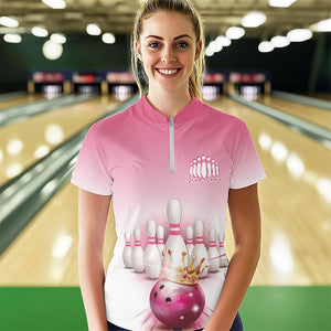 Custom Pink Bowling Queen Ladies Bowling Quarter-Zip Shirt, Ladies Bowling Team Shirts IPHW8463