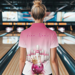 Custom Pink Bowling Queen Ladies Bowling Quarter-Zip Shirt, Ladies Bowling Team Shirts IPHW8463