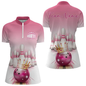 Custom Pink Bowling Queen Ladies Bowling Quarter-Zip Shirt, Ladies Bowling Team Shirts IPHW8463