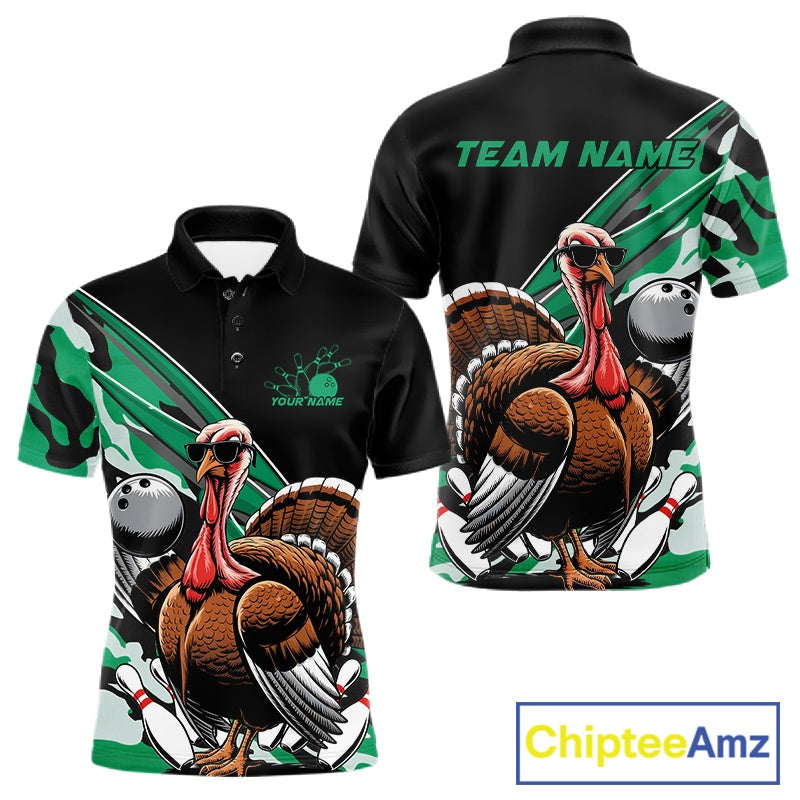 Custom Green Camo Funny Turkey Bowling Team Shirt For Men, Turkey Bowling Jerseys IPHW10551