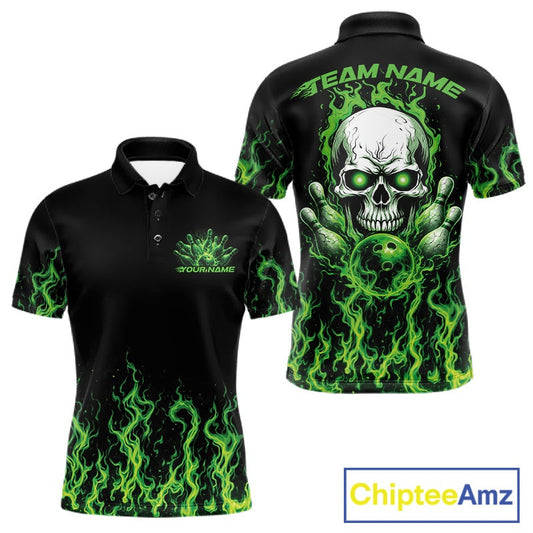 Custom Green Flame Skull Bowling Team Shirts For Men, Halloween Bowling Jerseys IPHW10552