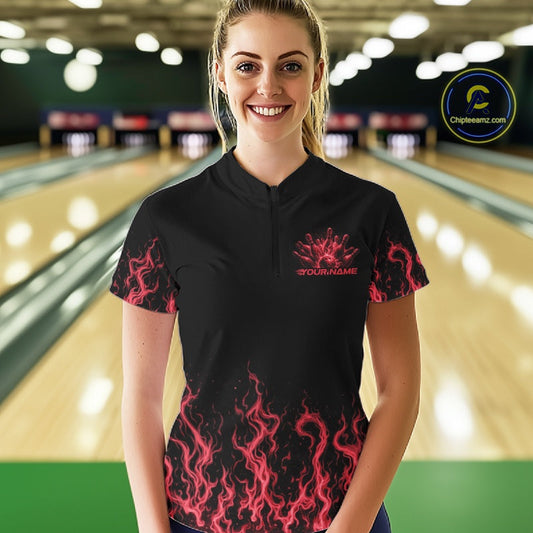 Custom Red Flame Skull Bowling Team Shirts For Women, Halloween Bowling Jerseys IPHW10553