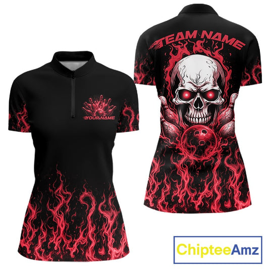 Custom Red Flame Skull Bowling Team Shirts For Women, Halloween Bowling Jerseys IPHW10553