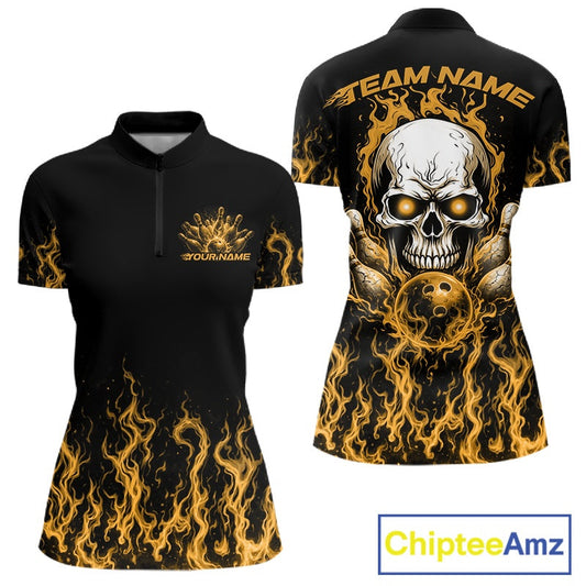 Custom Yellow Flame Skull Bowling Team Shirts For Women, Halloween Bowling Jerseys IPHW10554