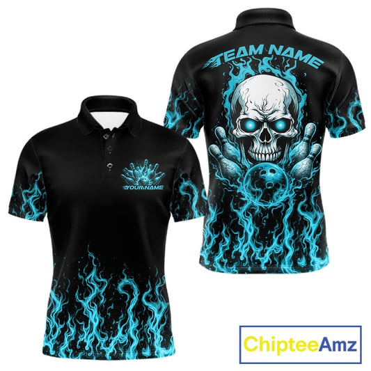 Custom Blue Flame Skull Bowling Team Shirts For Men, Halloween Bowling Jerseys IPHW10555
