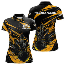 Load image into Gallery viewer, Custom Black And Gold Flame Women Bowling Polo Shirts, Fire Bowling Ball Bowling Team Shirt IPHW8698
