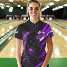 Load image into Gallery viewer, Black And Purple Custom Dragon Bowling Team Women Quarter-Zip Shirt, Bowling League Shirt IPHW8966