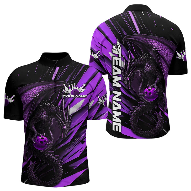 Black And Purple Custom Dragon Bowling Team Quarter-Zip Shirts For Men, Bowling League Shirt IPHW8966