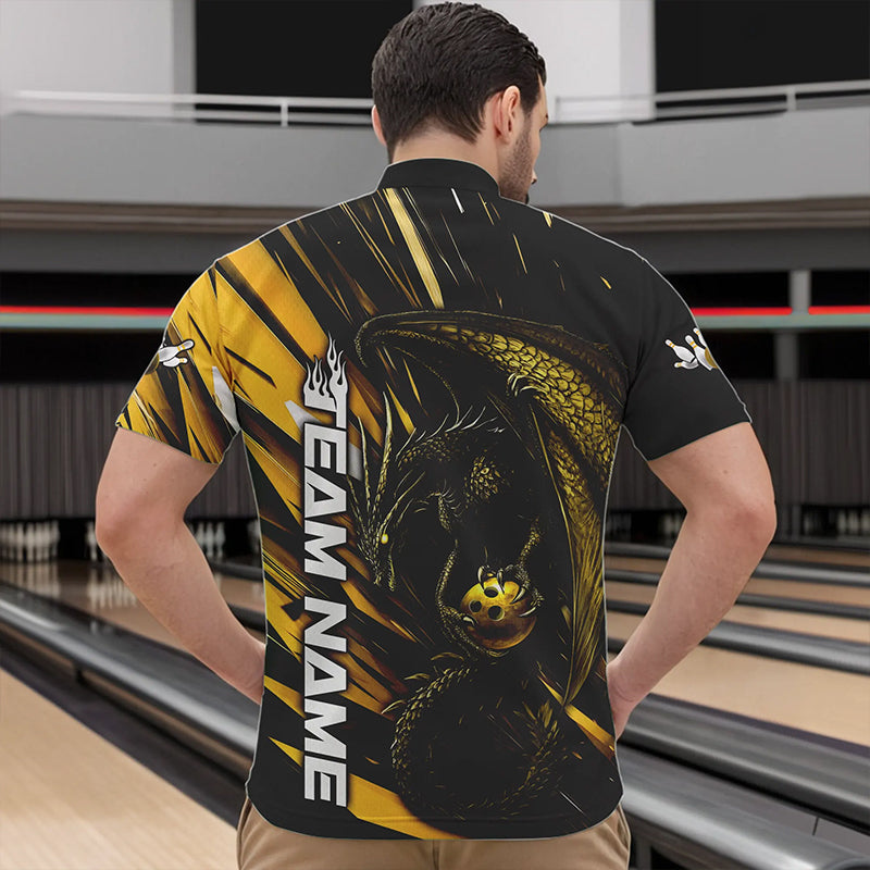 Black And Yellow Custom Dragon Bowling Team Quarter-Zip Shirts For Men, Bowling League Shirt IPHW8967