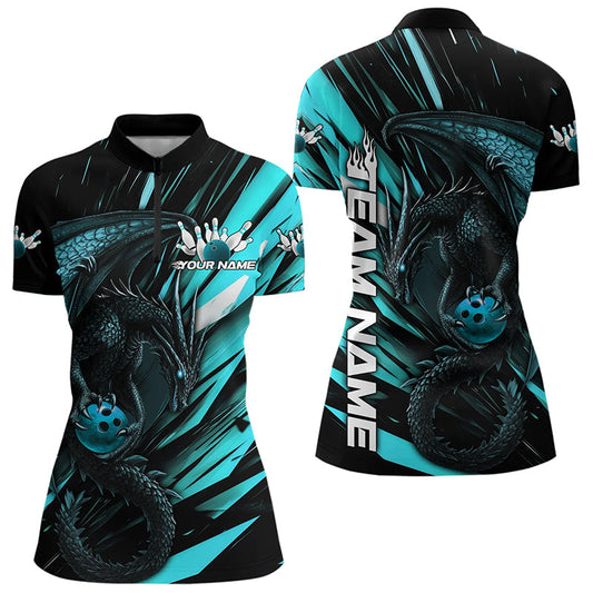 Black And Blue Custom Dragon Bowling Team Women Quarter-Zip Shirt, Bowling League Shirt IPHW8968