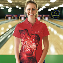 Load image into Gallery viewer, Female model wearing a red bowling polo shirt with butterfly accents and bowling-themed graphics at the bowling lane.