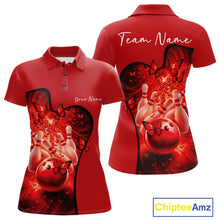 Load image into Gallery viewer, Women s red bowling polo shirt mockup shown from front and back with butterfly artwork and bowling graphics.