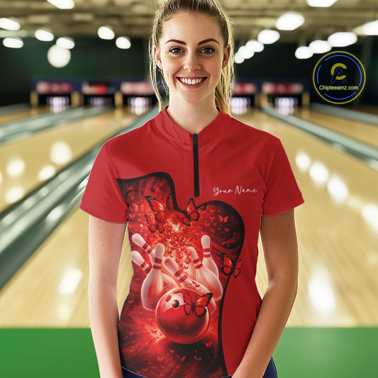 Custom Red Butterfly Bowling Women Team Quarter-Zip Shirt, Ladies Bowlers Outfit IPHW11357