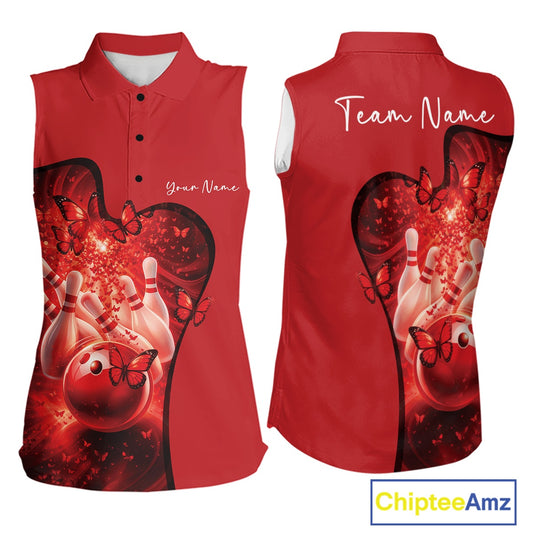 Custom Red Butterfly Bowling Women Team Sleeveless Polo Shirt, Ladies Bowlers Outfit IPHW11357