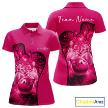 Load image into Gallery viewer, Front and back mockup of a womens pink bowling polo showcasing butterfly graphics and vibrant bowling-themed artwork