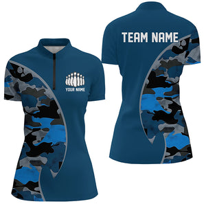 Blue Navy Camo Custom Bowling Polo, Quarter Zip Shirts With Bowler'S Name And Team Name IPHW6679