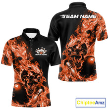 Load image into Gallery viewer, Front and back views of a black bowling polo with orange flame graphics, skull artwork, bowling ball and pin details, and customizable name text.