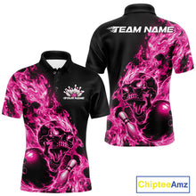 Load image into Gallery viewer, Front and back views of a black bowling polo with pink flame graphics, skull artwork, bowling ball and pin details, and customizable name text.