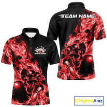 Load image into Gallery viewer, Front and back views of a black bowling polo with red flame graphics, skull artwork, bowling ball and pin details, and customizable name text.