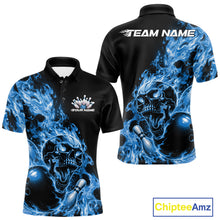 Load image into Gallery viewer, Front and back views of a black bowling polo with skyblue flame graphics, skull artwork, bowling ball and pin details, and customizable name text.