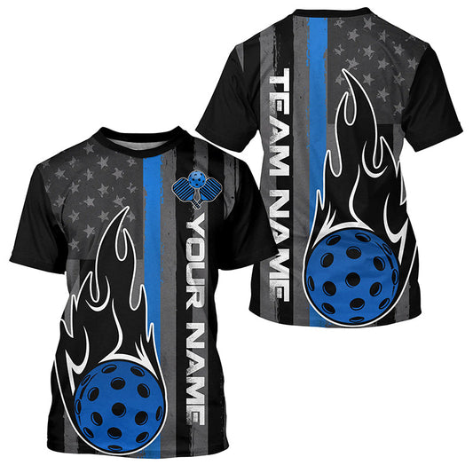 Blue Thin Line American Flag Custom US Pickleball T-Shirts For Men, Patriotic Pickleball Team Uniform IPHW7764