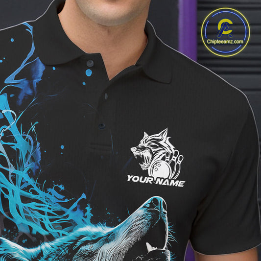 Custom Blue Wolf Howling Men Polo Shirt, Wolf Bowling Team Jerseys IPHW10158