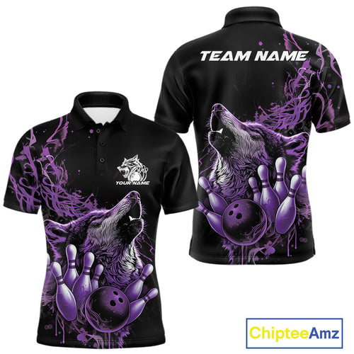 Custom Purple Wolf Howling Men Polo Shirt, Wolf Bowling Team Jerseys IPHW10159