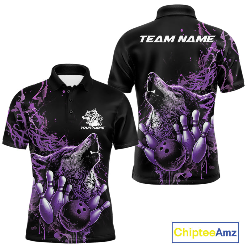Custom Purple Wolf Howling Men Polo Shirt, Wolf Bowling Team Jerseys IPHW10159