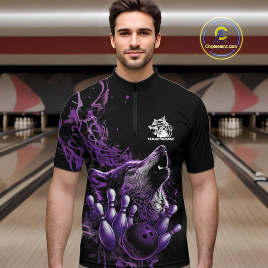 Custom Purple Wolf Howling Men Quarter-Zip Shirt, Wolf Bowling Team Jerseys IPHW10159