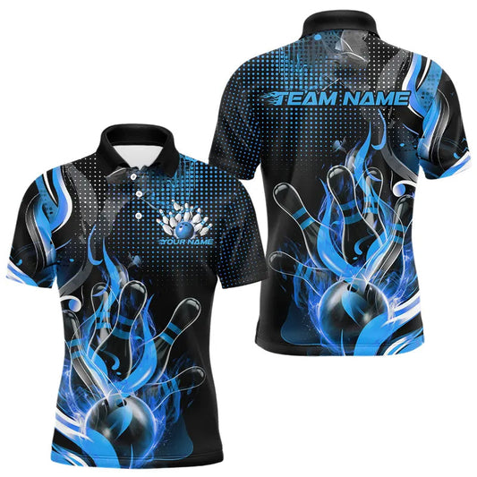 Custom Black And Blue Flame Bowling Polo Shirts For Men, Fire Bowling League Shirt IPHW8241