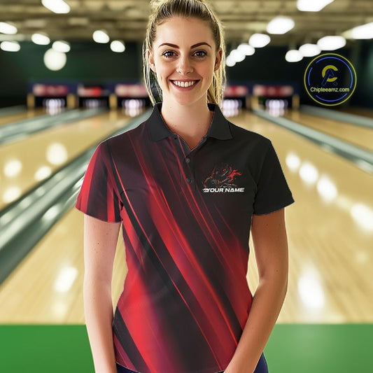 Custom Black And Red Gradient Flame Bowling Team Jerseys, Fire Bowling Shirt For Women IPHW10570
