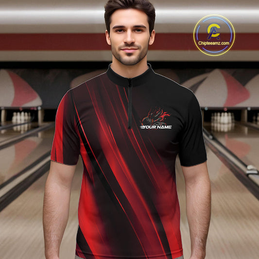 Custom Black And Red Gradient Flame Bowling Team Jerseys, Fire Bowling Shirt For Men IPHW10570