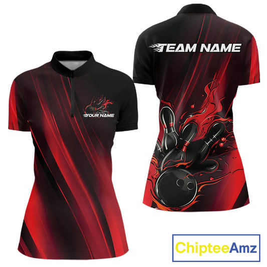 Custom Black And Red Gradient Flame Bowling Team Jerseys, Fire Bowling Shirt For Women IPHW10570
