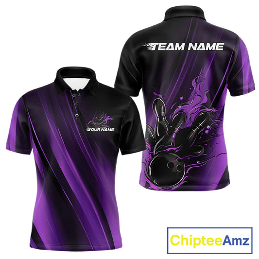 Custom Black And Purple Gradient Flame Bowling Team Jerseys, Fire Bowling Shirt For Men IPHW10572