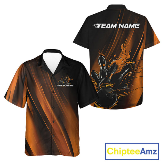 Custom Gold And Orange Gradient Flame Bowling Team Jerseys, Fire Bowling Shirt For Men And Women IPHW10573
