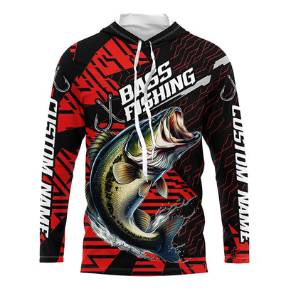 Black And Red Custom Bass Fishing Jerseys, Largemouth Bass Long Sleeve Tournament Fishing Shirts IPHW6198