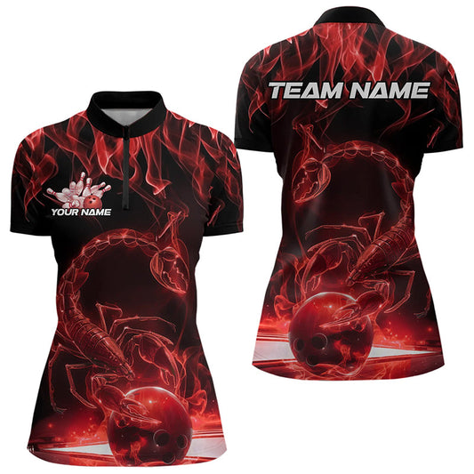 Custom Black Red Flame Scorpio Zodiac Bowling Women Quarter-Zip Shirt, Scorpion Bowling IPHW8970