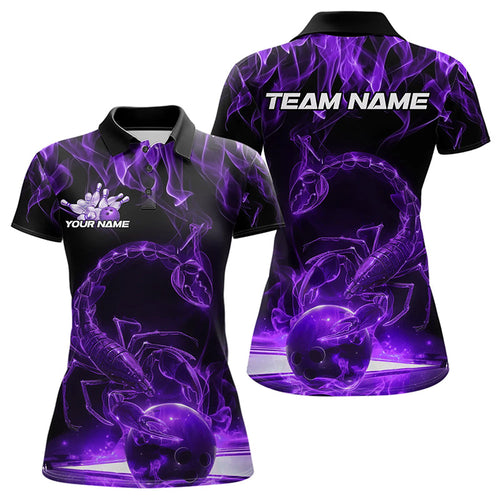 Custom Black Purple Flame Scorpio Zodiac Bowling Women Polo Shirts, Scorpion Bowling Team IPHW8971