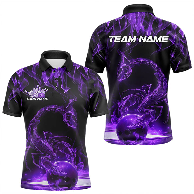 Custom Black And Purple Flame Scorpio Zodiac Bowling Men Polo Shirts, Scorpion Bowling Team IPHW8971