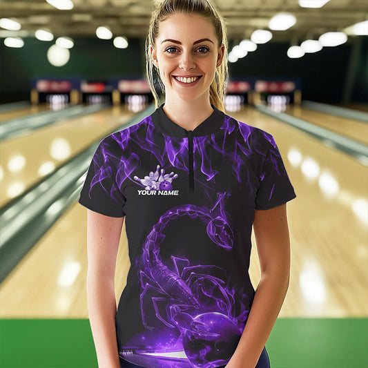 Custom Black Purple Flame Scorpio Zodiac Bowling Women Quarter-Zip Shirt IPHW8971