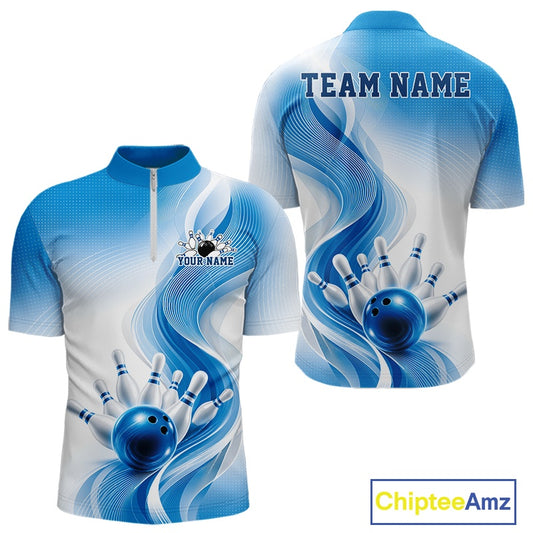 Front and back mockup of a mens white and blue bowling quarter-zip shirt with flowing wave accents and a glossy bowling scene