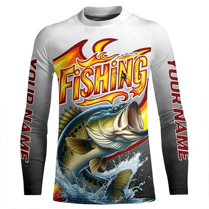 Custom Largemouth Bass Flame Fishing Shirts, Bass Long Sleeve Fishing Jerseys Fishing Gifts IPHW6688