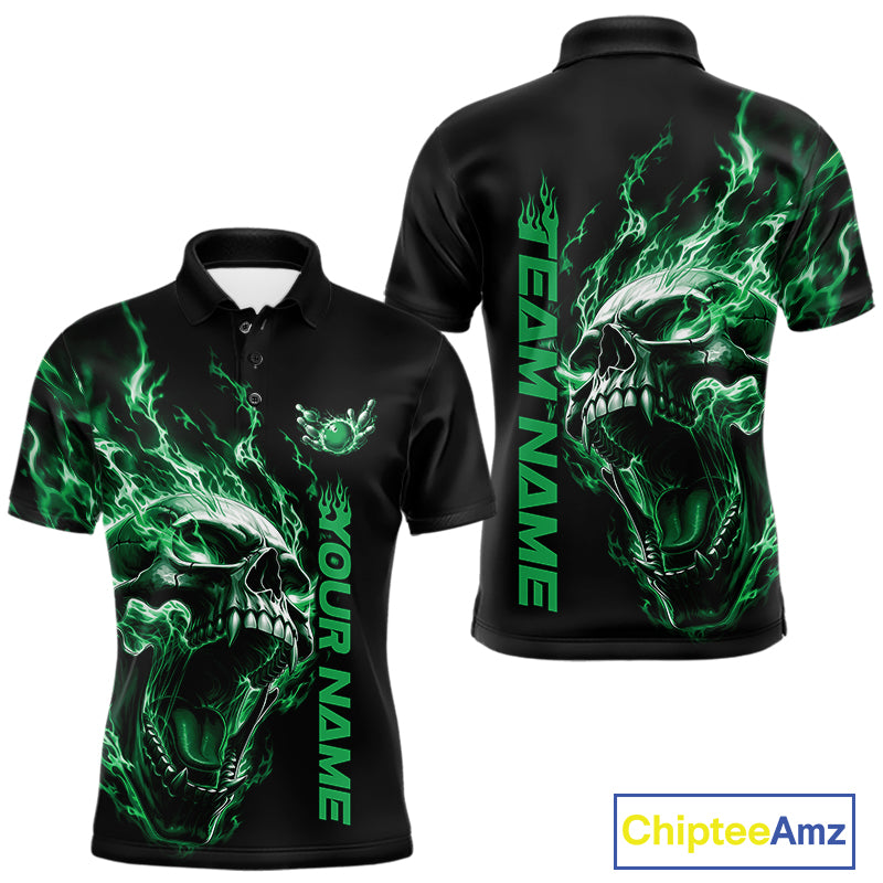 Product mockup showing a black short-sleeve bowling shirt with glowing green flames, a large skull design, and customizable name and team text.