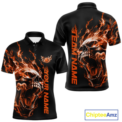 Product mockup showing a black short-sleeve bowling shirt with glowing orange flames, a large skull design, and customizable name and team text.
