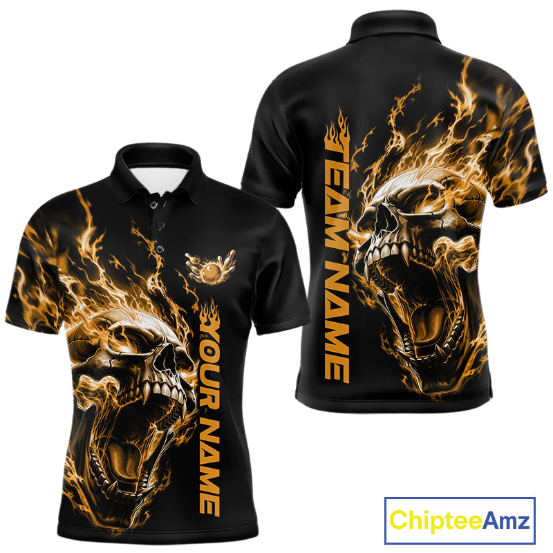 Product mockup showing a black short-sleeve bowling shirt with glowing yellow flames, a large skull design, and customizable name and team text.