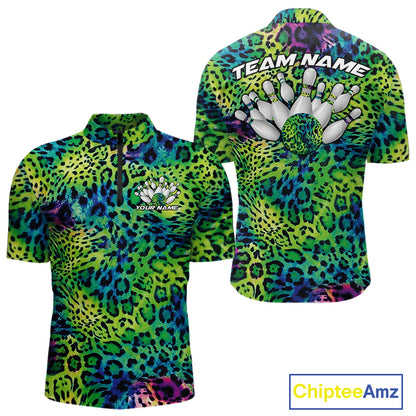 Front and back views of a mens blue, green, and black leopard-print bowling quarter zip collar, chest name text, and team name on the back.
