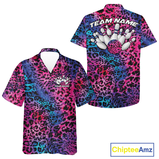 A blue, pink, purple, and black leopard pattern bowling up shirt displayed in front and back views, featuring personalized bowling team designs.