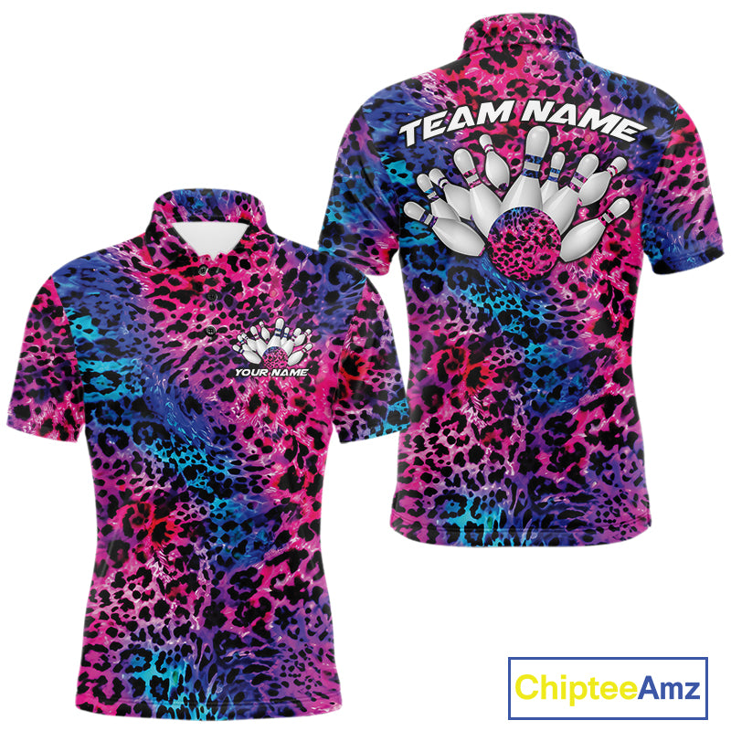 Front and back views of a mens yellow, brown, and black leopard-print bowling polo with chest name text, bowling pins, and team name on the back.