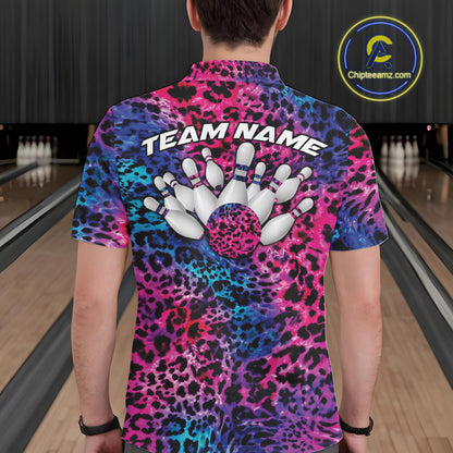 Back view of a man wearing a yellow, brown, and black leopard-print bowling shirt with “Team Name” above bowling pins and a patterned ball.
